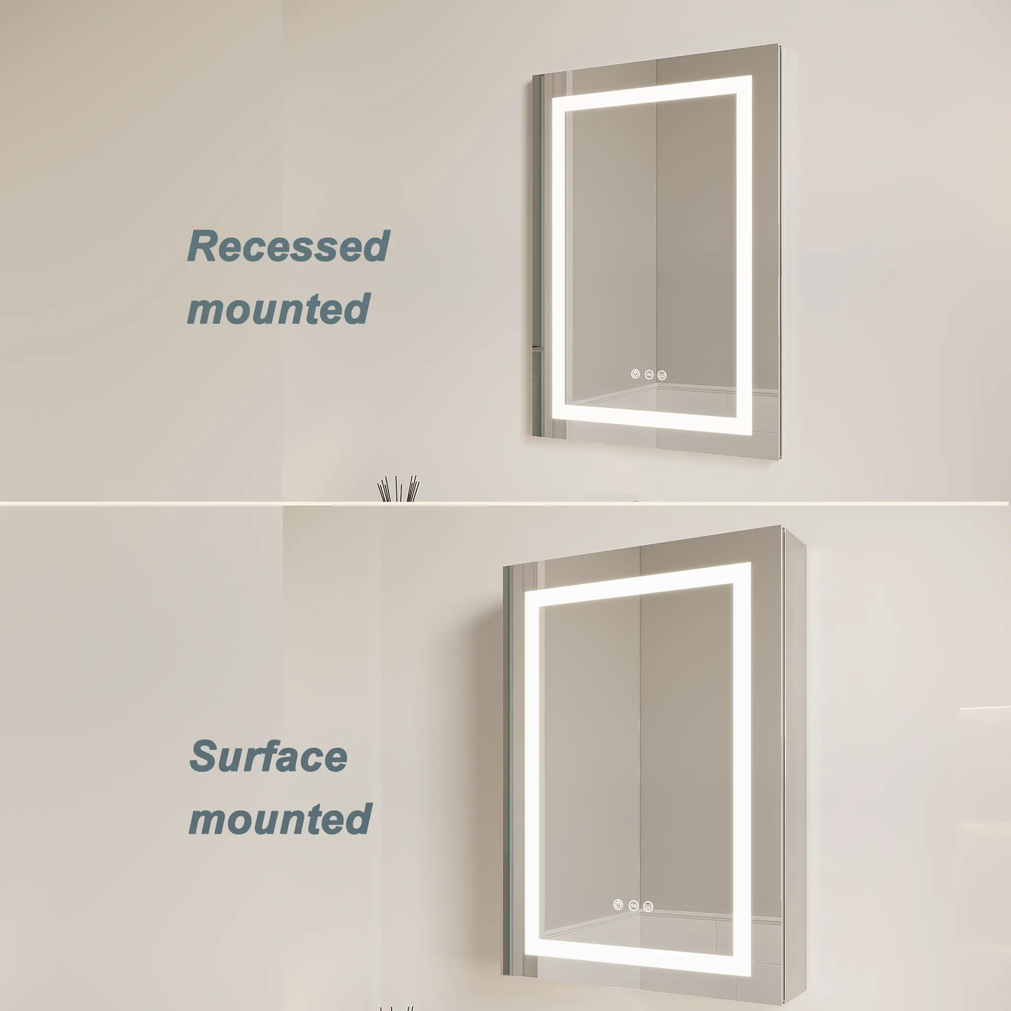LED bathroom mirror cabinet 26x20 inch with right door, silver frame and built in lighting on Tampa Home & Garden Store