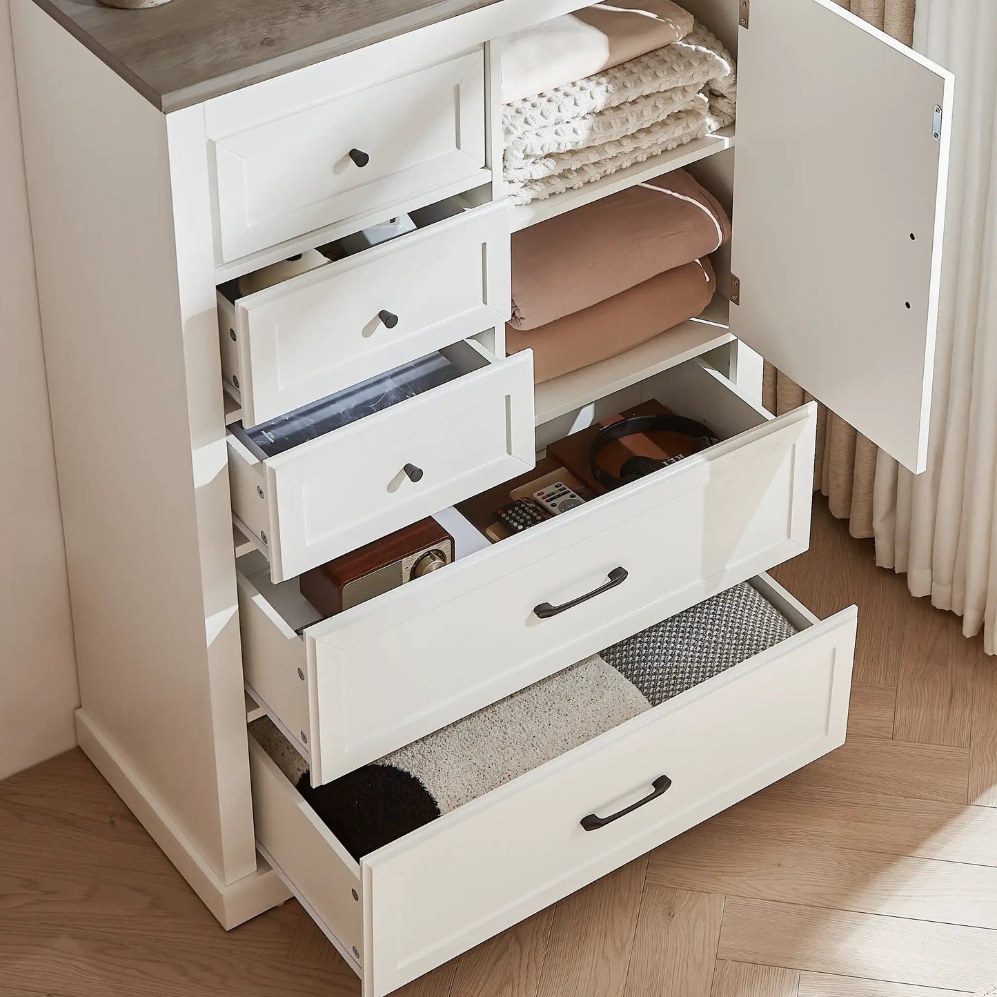 Farmhouse 5 Drawer Dresser white wood with wood top; right door open with folded blankets on Tampa Home & Garden Store