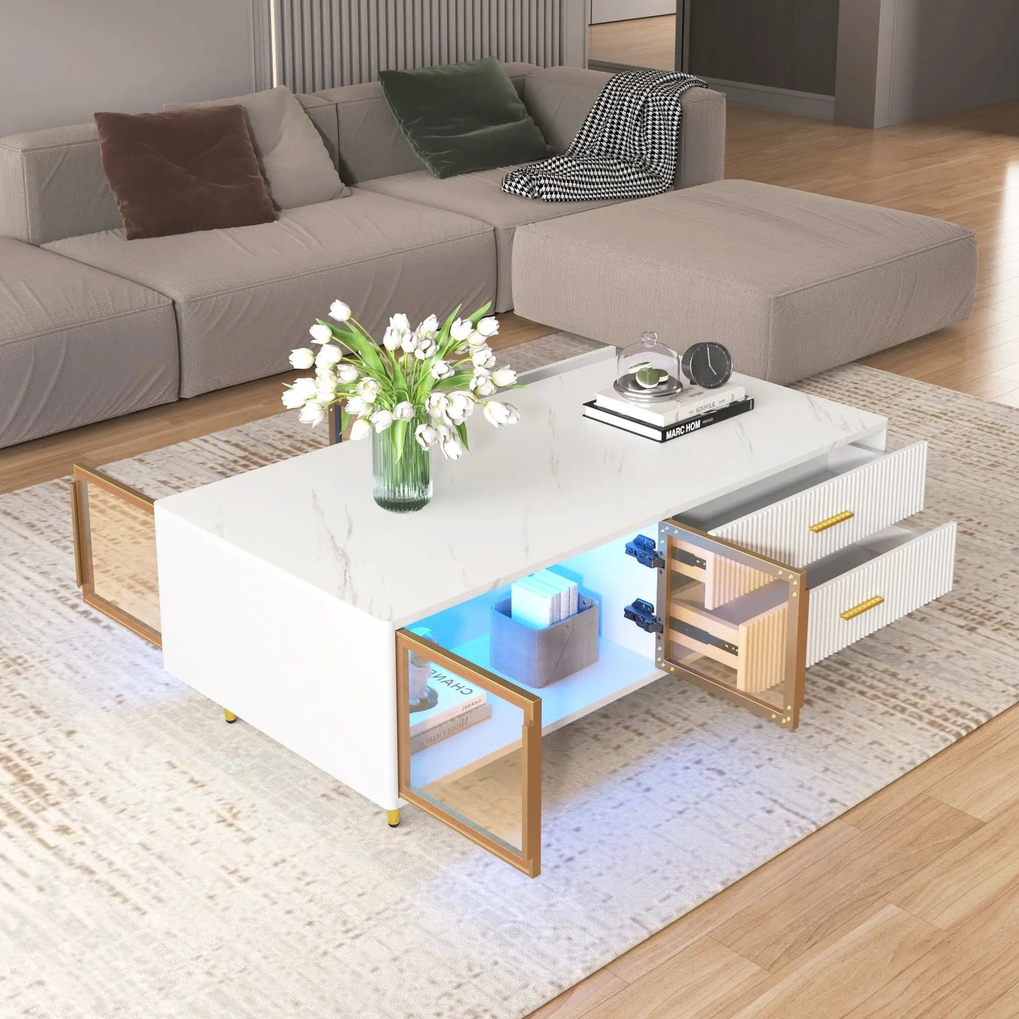 Modern White Coffee Table with Glass Door Storage white marble top and glass-front interior on Tampa Home & Garden Store