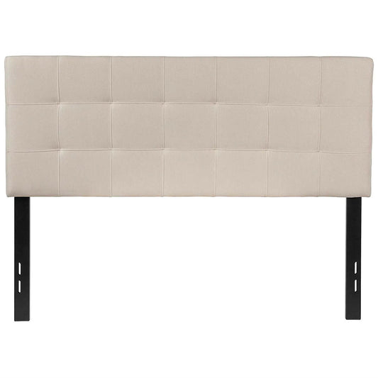 Full-size beige taupe fabric headboard with square tufted panels and black legs on Tampa Home & Garden Store
