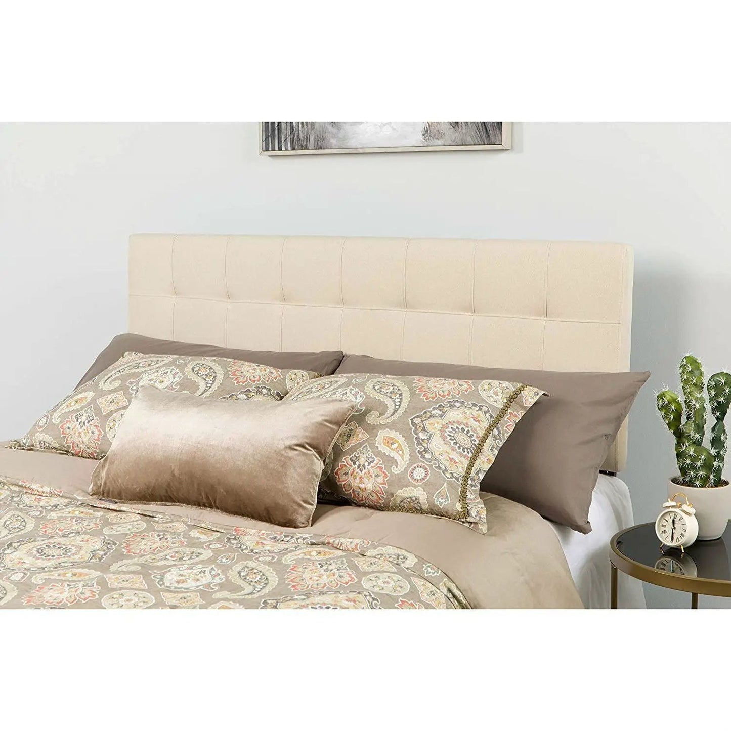 Full size Beige Taupe Fabric Box-Stitch Upholstered Headboard - Tampa Home & Garden Store