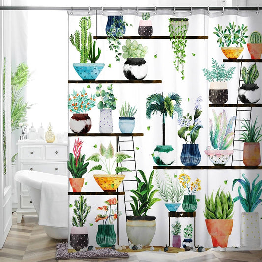 72-in. Watercolor Plants Botanical Floral Flower Pots Succulents Shower Curtain - Tampa Home & Garden Store