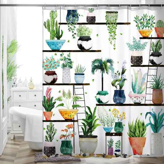 72 Inch Watercolor Plants Shower Curtain with colorful potted plant print for a bright bathroom on Tampa Home & Garden Store