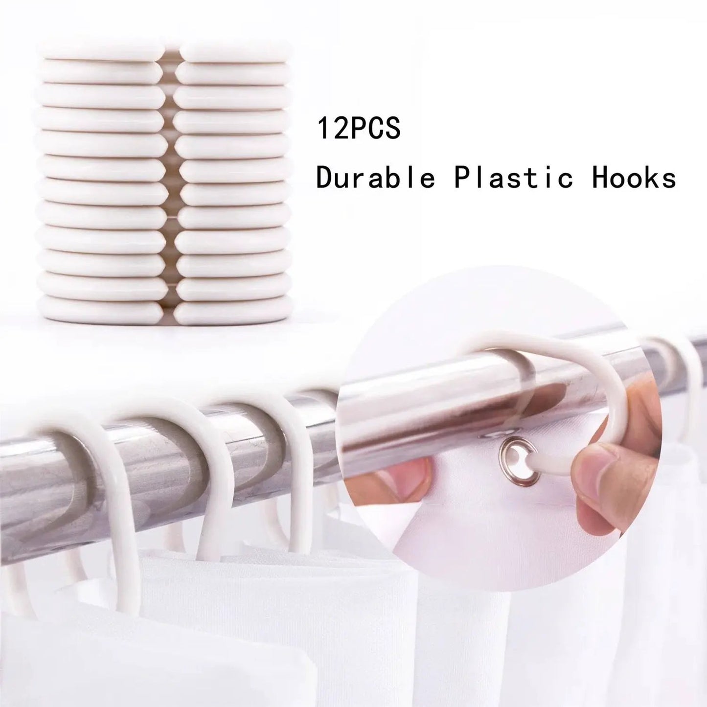 12pcs durable white plastic shower curtain hooks on a rod with a close-up view on Tampa Home & Garden Store