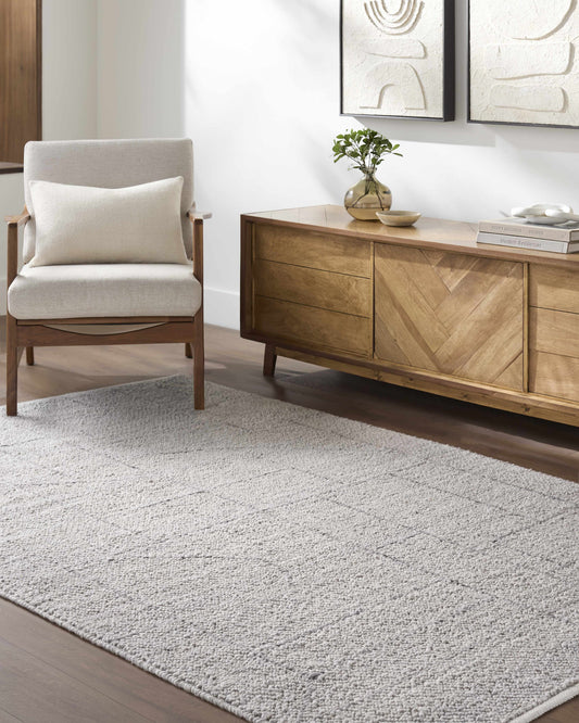 Brenta Outdoor Area Rug - Clearance by Boutique Rugs, light gray textured loop-pile in a living room setting on Tampa Home & Garden Store