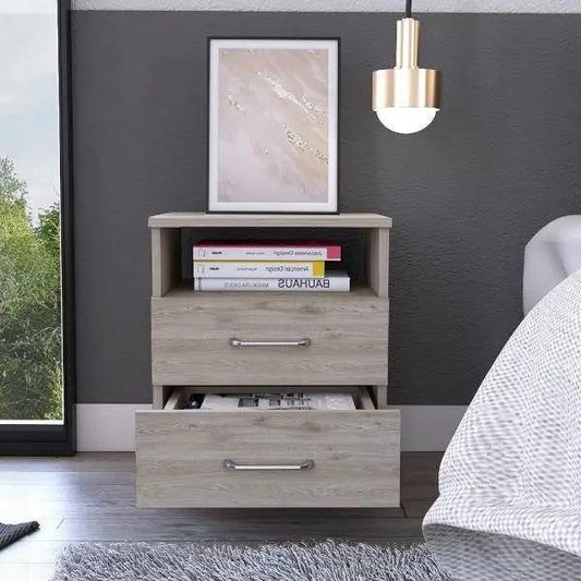 Modern 2-Drawer Nightstand with Open Shelf in beige wood finish with books on shelf on Tampa Home & Garden Store