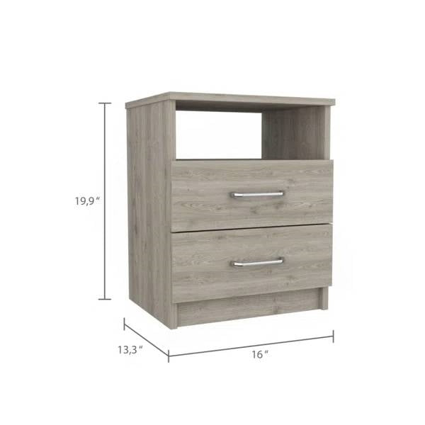 Mesita de noche moderna de 2 cajones con estante abierto en acabado de madera beige