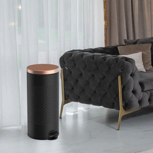 Hands Free Black and Gold Metal Trash Can 8 Gal, black textured body, copper lid, HomePacific on Tampa Home & Garden Store