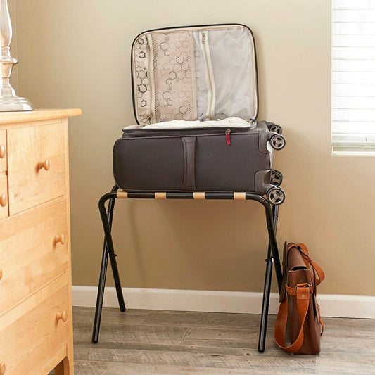 Black Metal Folding Luggage Rack with Khaki Fabric Straps - Tampa Home & Garden Store