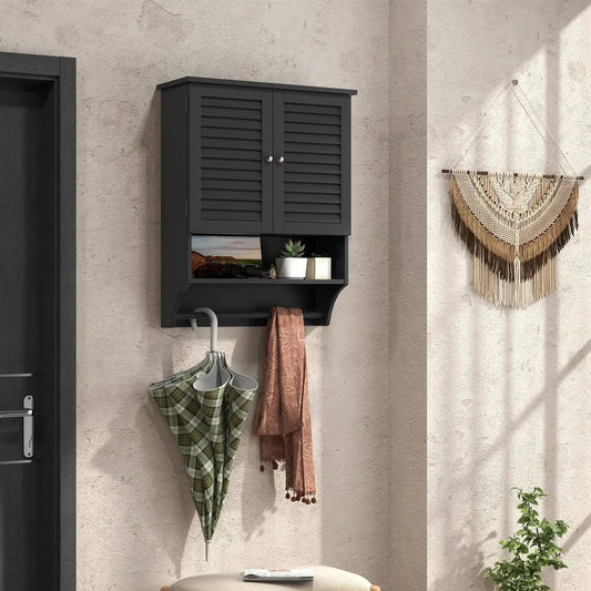 Black wall-mounted medicine cabinet with louver doors and open lower shelf for storage on Tampa Home & Garden Store