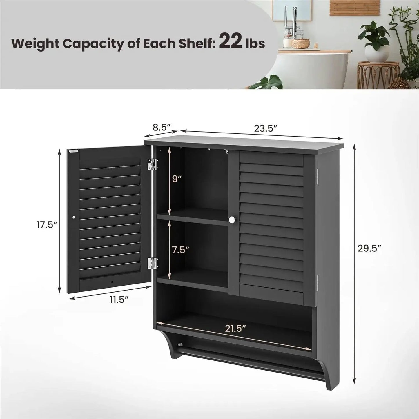 Black Wall-Mounted Bathroom Medicine Cabinet with Louver Doors and Towel Bar - Tampa Home & Garden Store