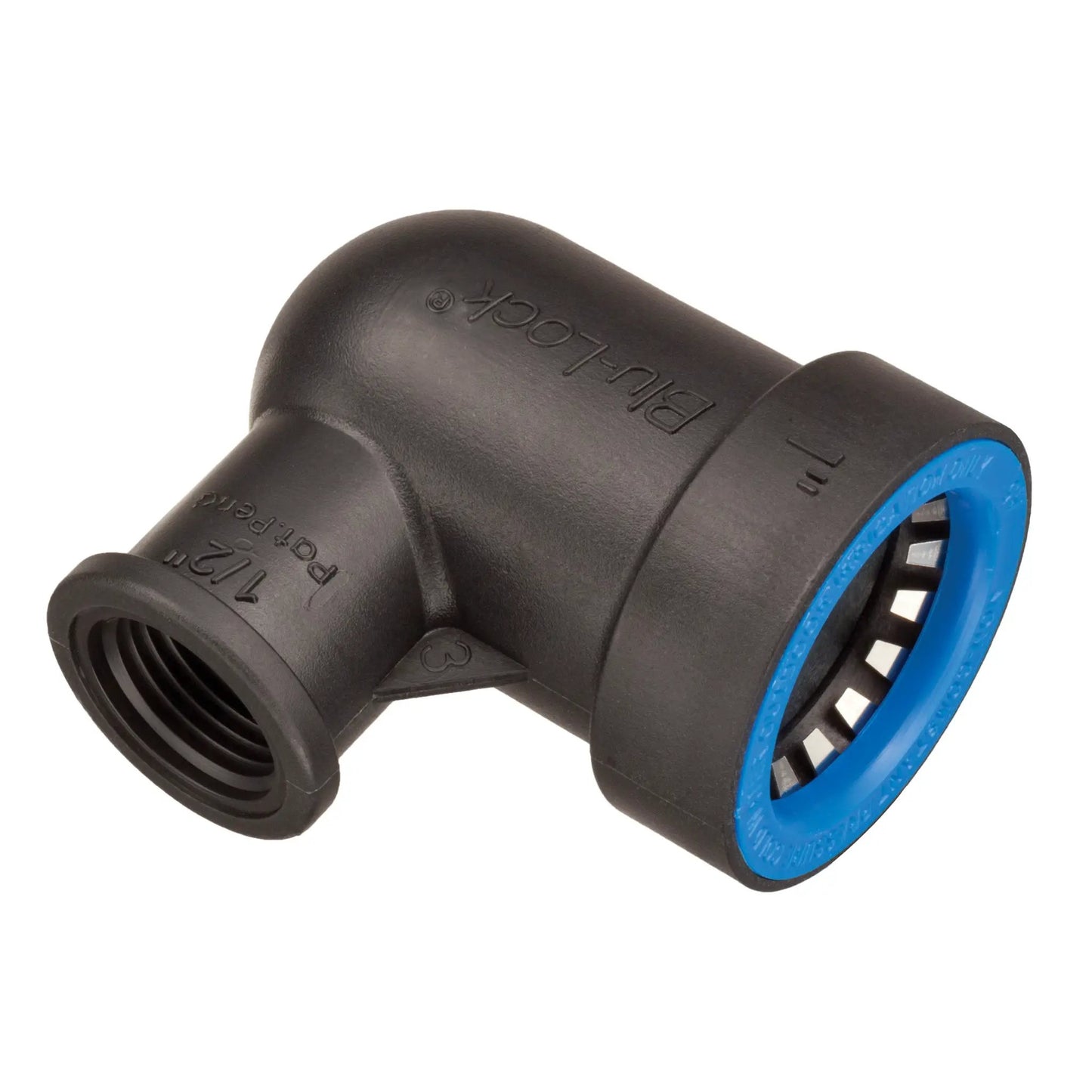 Orbit Irrigation Blu-Lock reducing elbow, 1 in to 1/2 in FPT, black plastic with blue ring on Tampa Home & Garden Store
