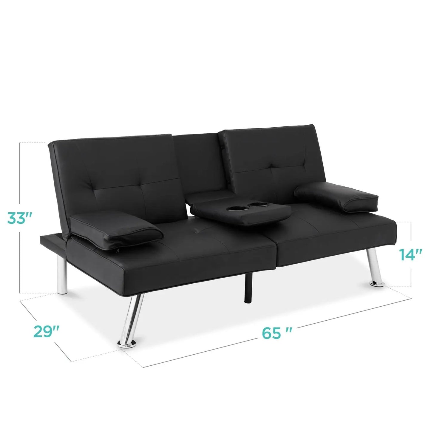 Black Faux Leather Convertible Sofa Futon with 2 Cup Holders - Tampa Home & Garden Store
