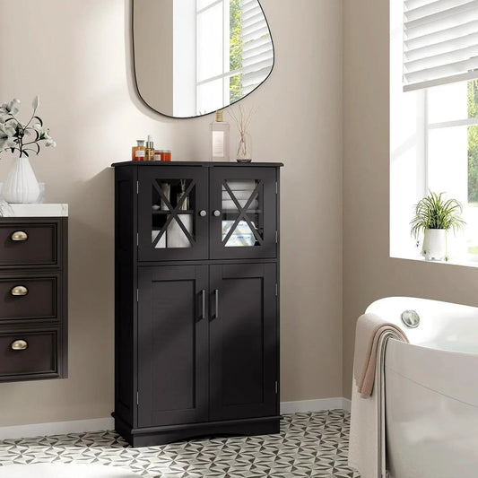 Black bathroom linen cabinet with glass doors in a beige bathroom beside a freestanding tub on Tampa Home & Garden Store