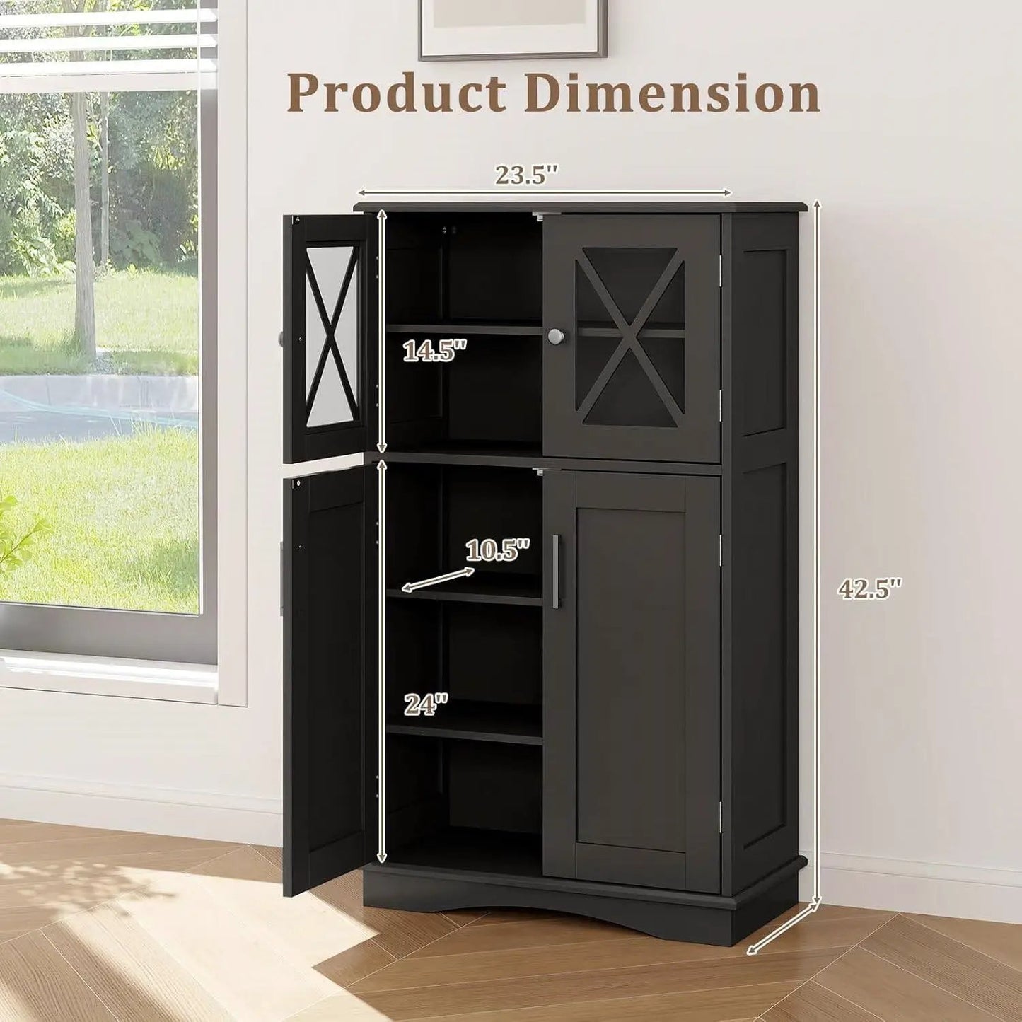Black Bathroom Towel Linen Cabinet with Glass Doors and Storage Shelves - Tampa Home & Garden Store