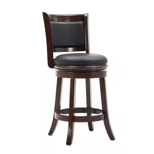Tabouret de bar hauteur comptoir en bois finition brun foncé avec assise pivotante rembourrée noire