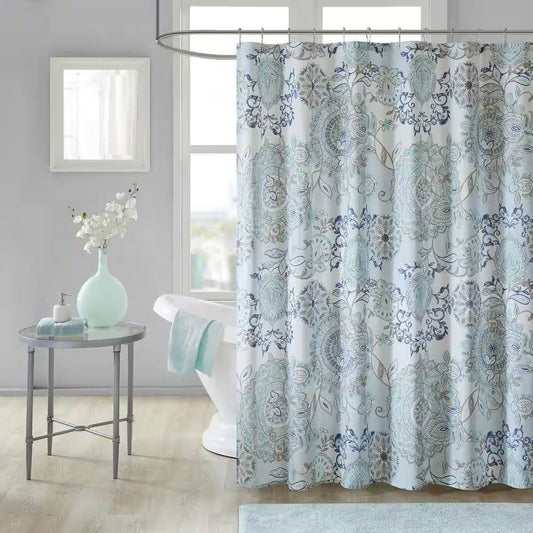72-inch Cotton Shower Curtain with Blue Watercolor Paisley Floral Motif - Tampa Home & Garden Store
