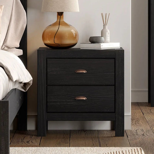 Farmhouse Pine Nightstand, 2-drawer Black by HomePacific, copper pulls on Tampa Home & Garden Store