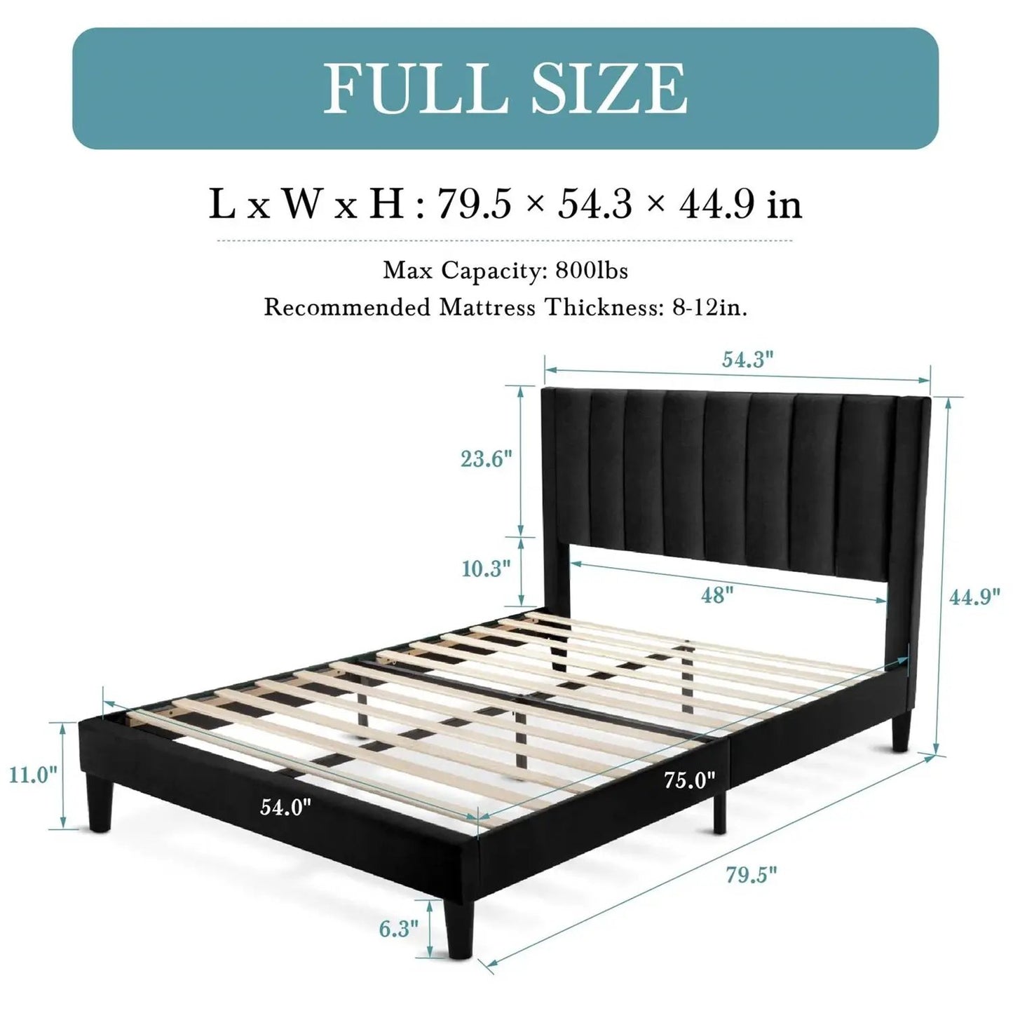 Full size Modern Black Velvet Upholstered Platform Bed with Headboard - Tampa Home & Garden Store