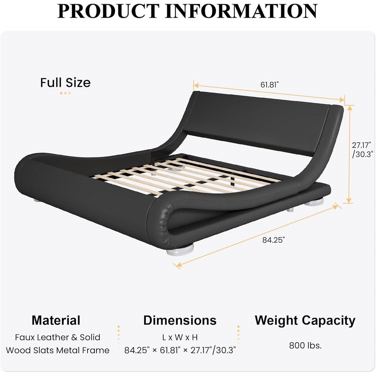 Base de cama tapizada moderna de color negro con cabecero curvado estilo trineo