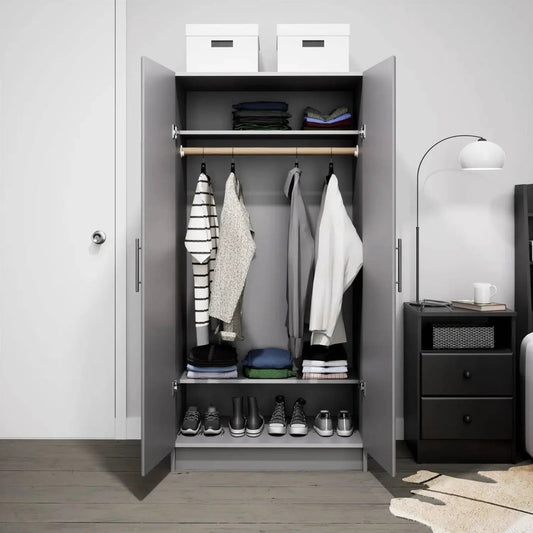 Bedroom armoire with hanging rail in light grey wood finish, open view of garments on rod on Tampa Home & Garden Store