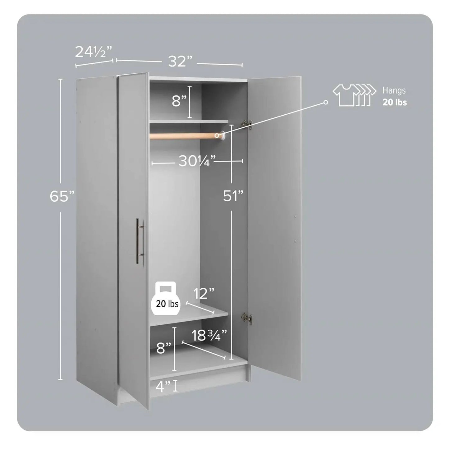 Bedroom Armoire Wardrobe Cabinet with Hanging Rail in Light Grey Wood Finish - Tampa Home & Garden Store