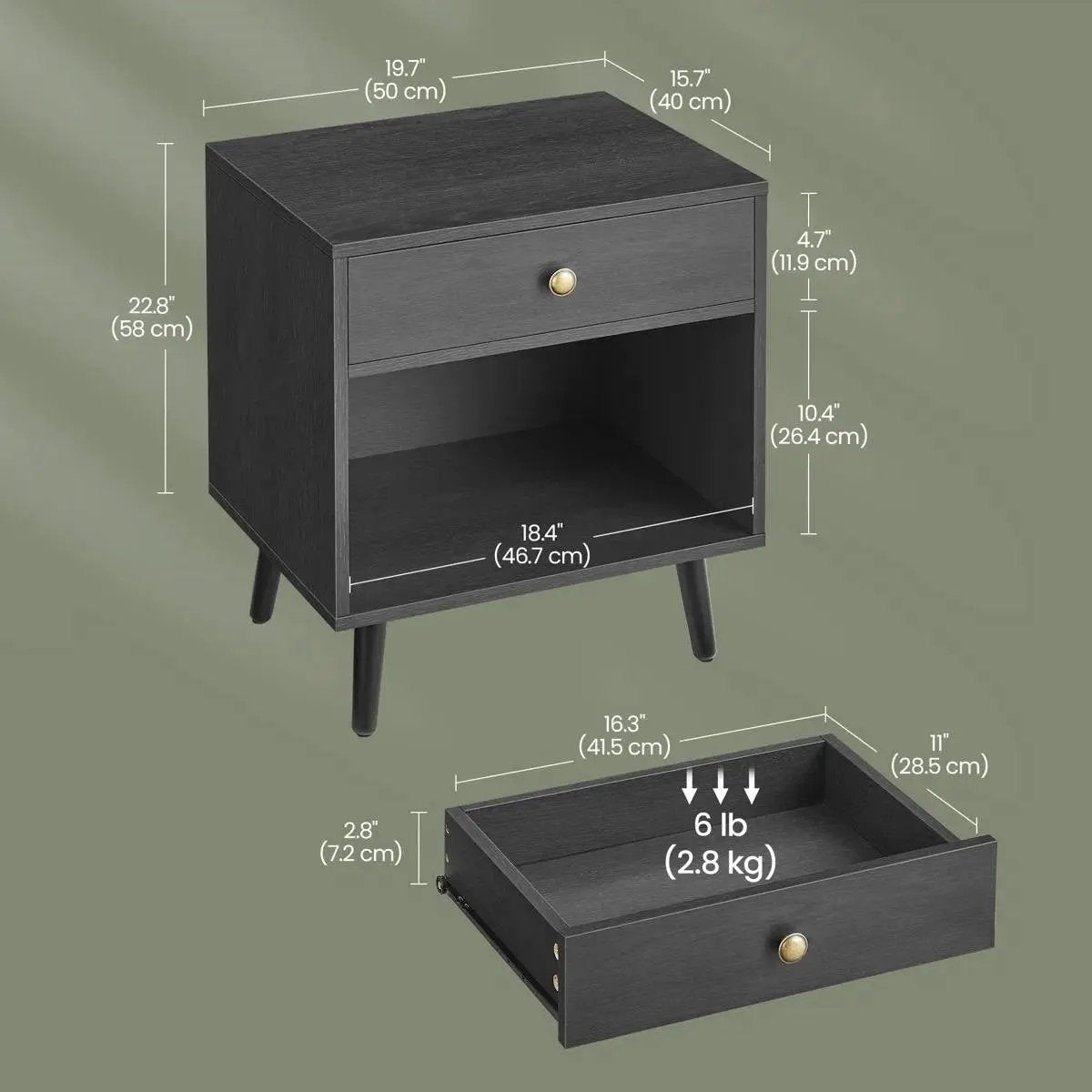 Mid-Century Farmhouse 1-Drawer Nightstand with Open Shelf in Black Wood Finish - Tampa Home & Garden Store