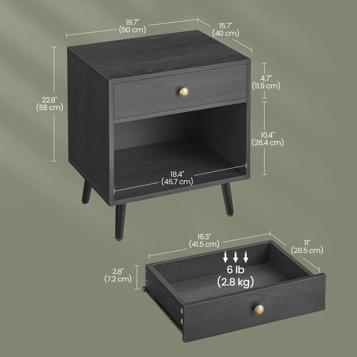 Mesa de noche de mediados de siglo con 1 cajón y estante abierto en acabado de madera negra