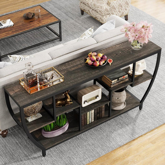 Modern Industrial Console Sofa Table With Shelves in dark wood top and black metal frame on Tampa Home & Garden Store