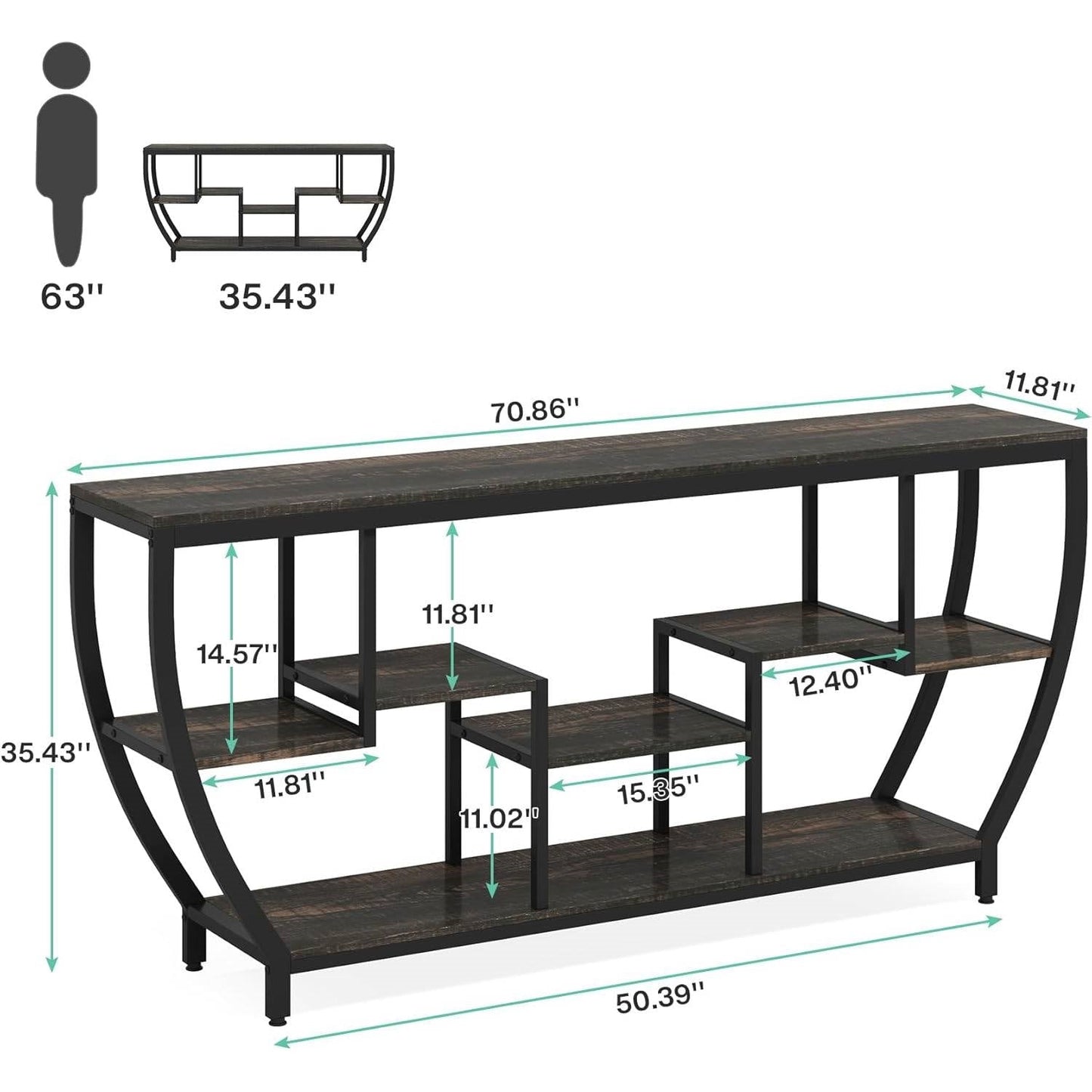 Mesa de sofá consola estrecha y larga de 70 pulgadas de estilo industrial moderno con estantes de madera negra