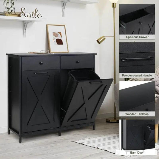 HomePacific black multipurpose trash and recycle cabinet with two top drawers and tilt-out bin on Tampa Home & Garden Store