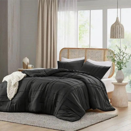 Full Queen Pleated Microfiber Comforter Set Black