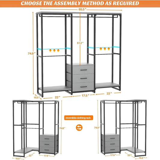 Heavy Duty Garment Rack with 3-drawer dresser, black metal frame gray drawers HomePacific on Tampa Home & Garden Store