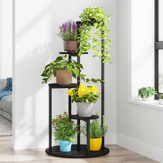 HomePacific Modern 5-Tier Indoor Plant Stand in Black with layered plant pots on Tampa Home & Garden Store