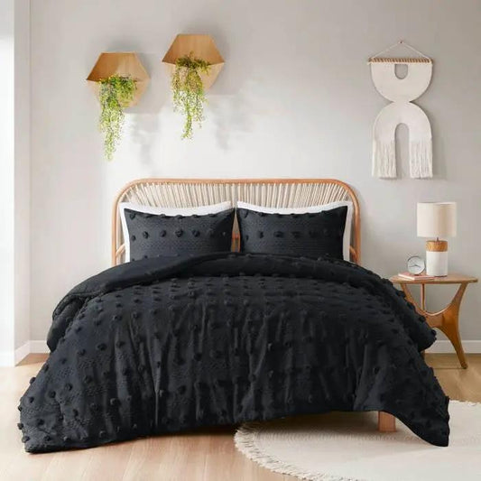 King Cal King Pompom Microfiber 3-Piece Comforter Set in Black on Tampa Home & Garden Store