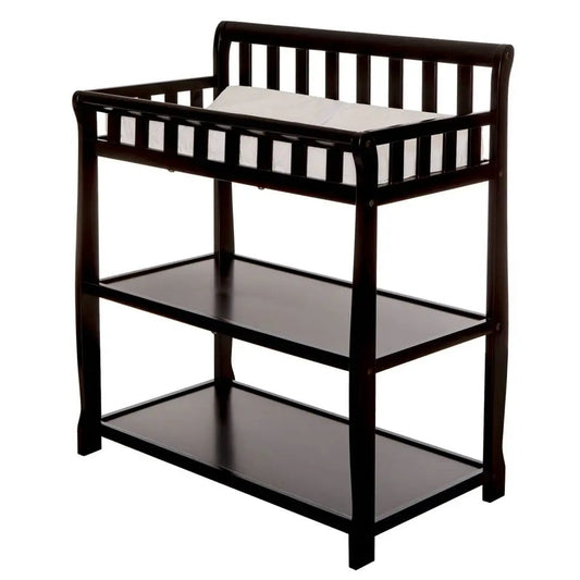 Modern black wooden baby changing table with rail and two lower shelves on Tampa Home & Garden Store