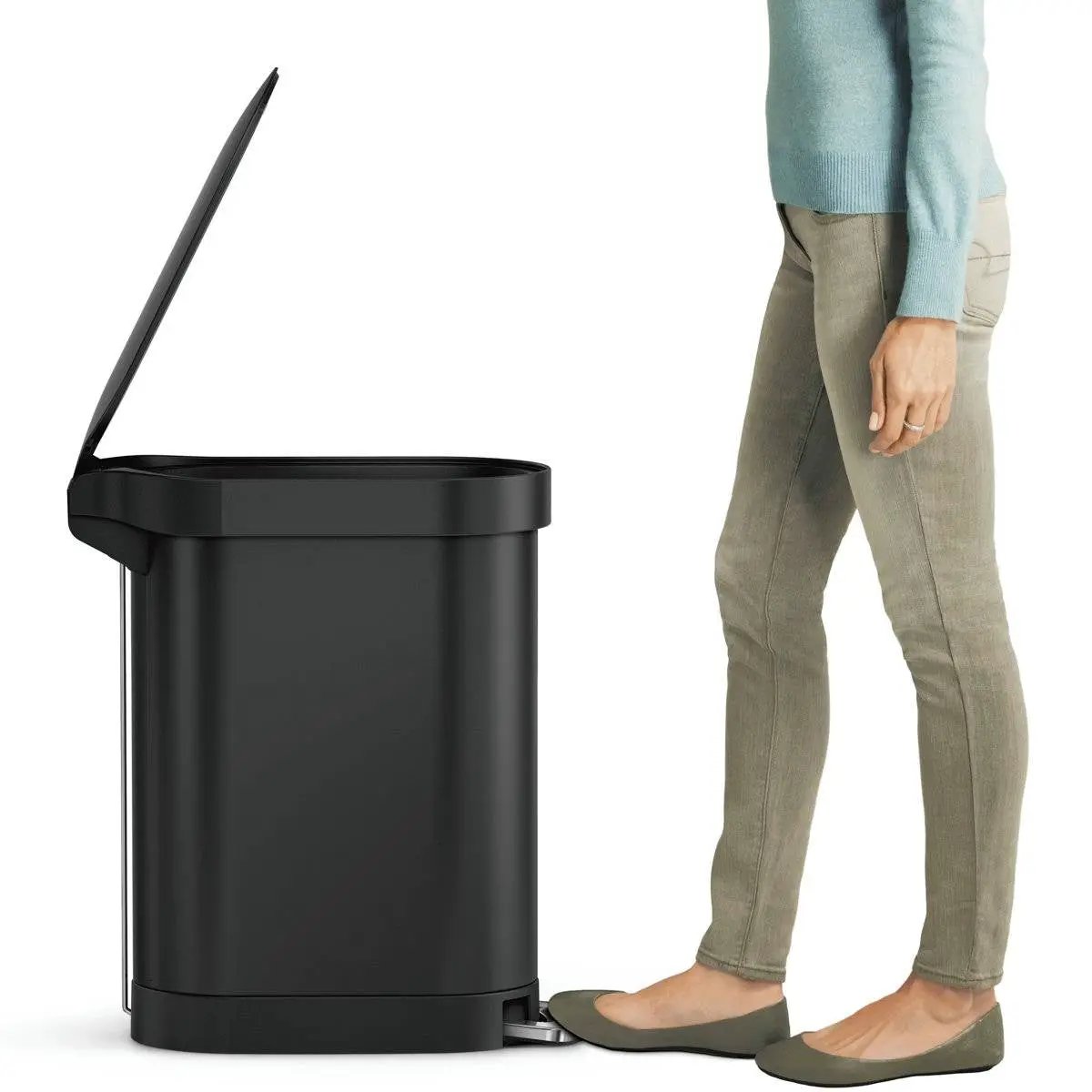 Matte Black 12 Gallon Trash Can with Step-On Lid, pedal-operated, modern kitchen waste bin on Tampa Home & Garden Store