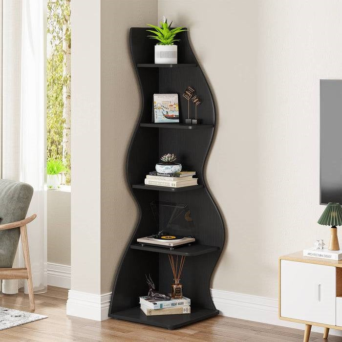 Modern 5 Shelf Corner Bookcase in Black Wood Finish