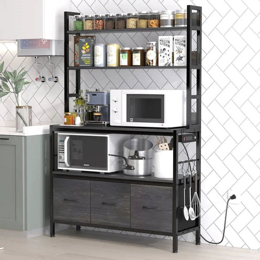 Black Metal Baker's Rack With Bottom Cabinets black steel organizer with jars and microwave on Tampa Home & Garden Store