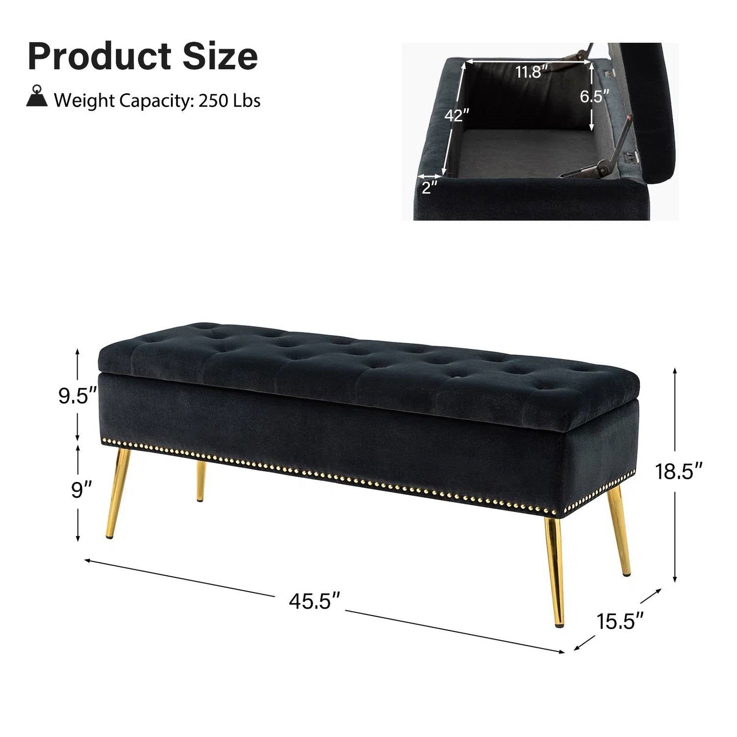 Banco de Almacenamiento Mid-Century Modern para Pie de Cama con Asiento de Terciopelo Negro y Patas Doradas
