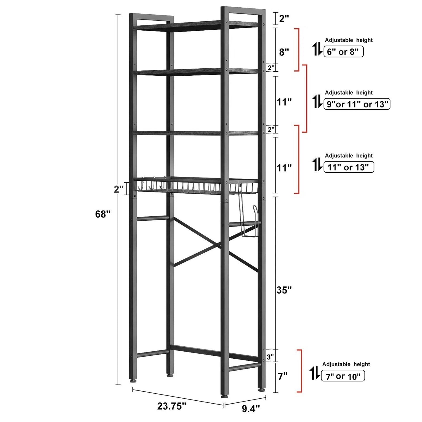 Estante organizador de baño sobre el inodoro, color negro, independiente, de metal industrial y madera.