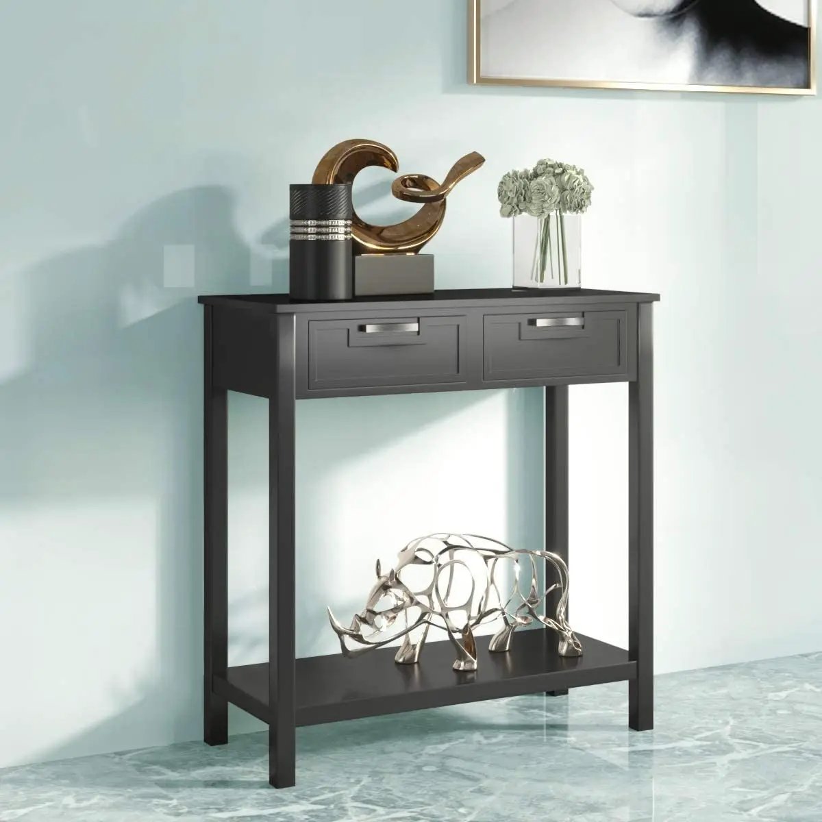 Modern Entryway 2 Drawer Side Table Black dark wood console with metal pulls on Tampa Home & Garden Store