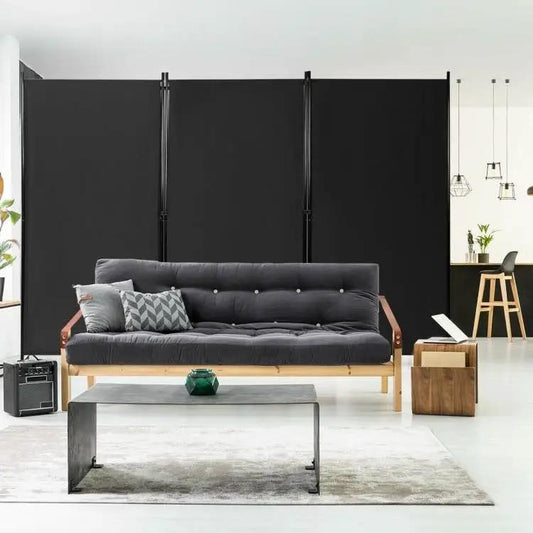 Room divider screen black 6ft tall, 3-panel hinged folding panels in modern living room on Tampa Home & Garden Store