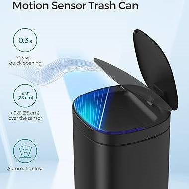 Bote de basura de 13 galones de acero inoxidable negro con sensor de movimiento y botón de ozono