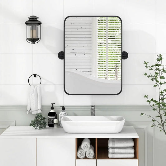Bathroom wall mirror 30 x 22 with black rounded frame and tilt pivot on Tampa Home & Garden Store