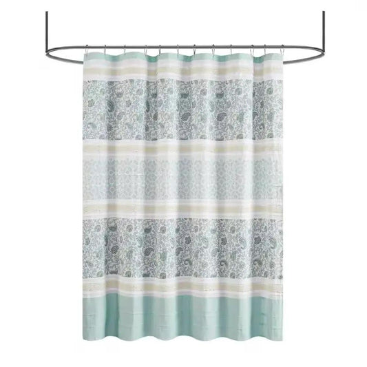 Cotton shower curtain with teal paisley pattern and teal cream stripes by HomePacific on Tampa Home & Garden Store