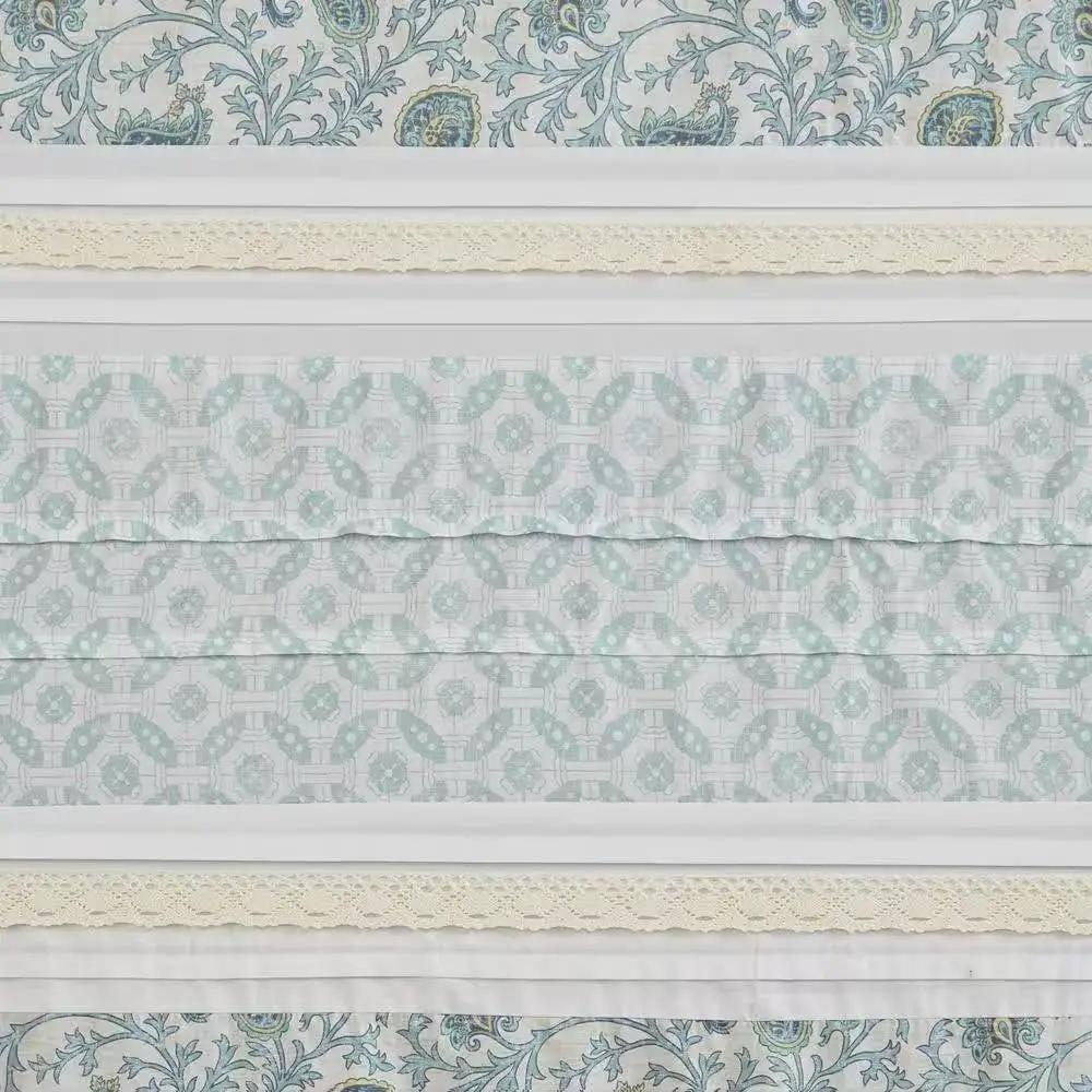 Cotton shower curtain with teal paisley pattern, cream accents, and delicate lace trim on Tampa Home & Garden Store