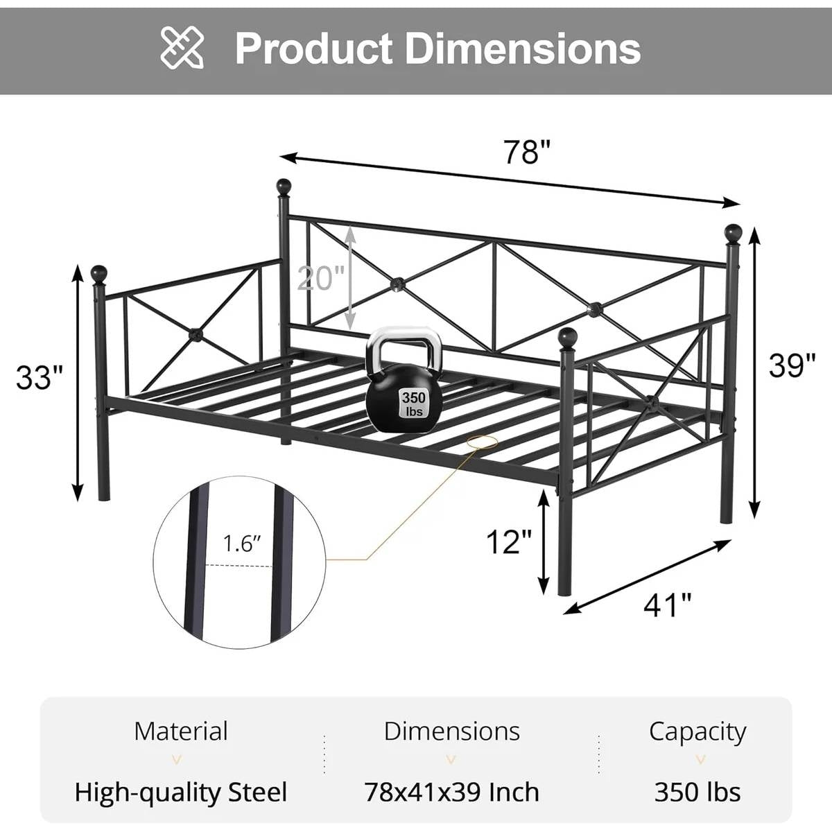 Estructura de cama individual metálica resistente con acabado negro