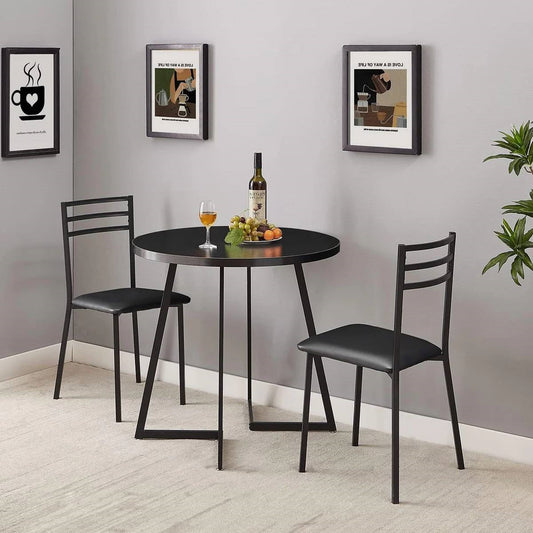 Juego de comedor moderno de 3 piezas para cocina con mesa redonda de madera negra y 2 sillas