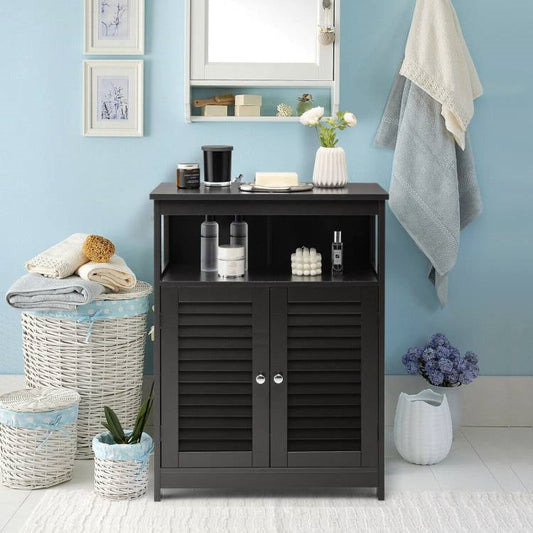 Black farmhouse bathroom linen cabinet with louvered doors and open upper shelf on Tampa Home & Garden Store